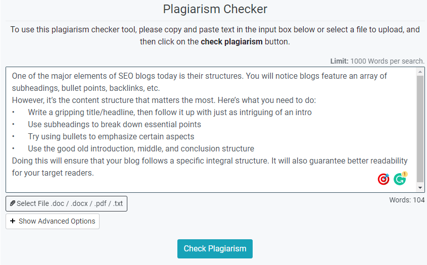Softo Plagiarism Checker Input